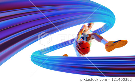 Poster. Contemporary art collage. Basketballer executing dynamic move with glowing trails, embodying focus, athleticism, and drive to win 121400393