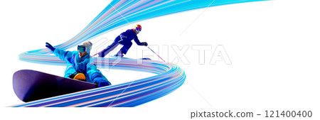 Banner. Contemporary art collage. Snowboarder and skier in dynamic action with colorful motion trails symbolizing speed, precision, and spirit of winter competition. Banner. Contemporary art collage. Snowboarder and skier in dynamic action with colorful motion trails symbolizing speed, precision, and spirit of winter competition. 121400400