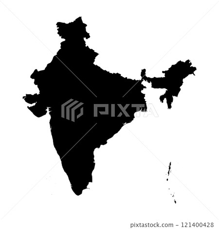 India high detailed vector representation of country silhouette in solid black on white background. For educational, decorative, or informational use showcasing the national outline. 121400428