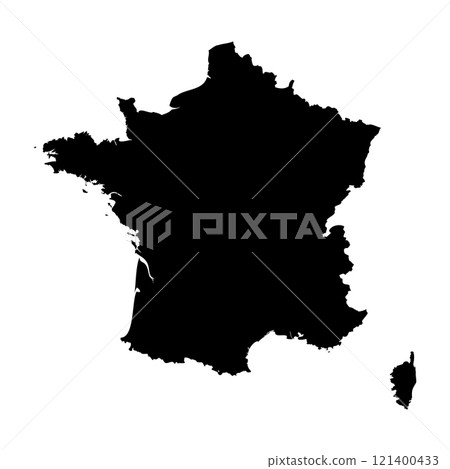 France high detailed vector representation of country silhouette in solid black on white background. For educational, decorative, or informational use showcasing the national outline. 121400433
