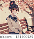 A high school girl with a bun hairstyle sits on a bench under a cherry tree 121400525