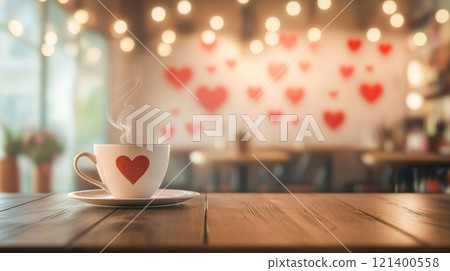 Cup of coffee with steam on empty wooden tabletop on blurred background of cafe decorated for Valentine's Day with red hearts 121400558
