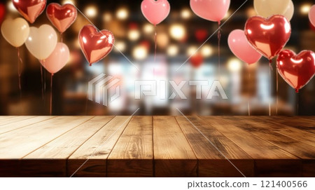 Empty wooden tabletop on blurred background of cafe decorated with heart balloons for Valentine's Day 121400566