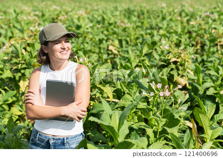 Female farmer with digital tablet on a tobacco field Female farmer with digital tablet on a tobacco field 121400696