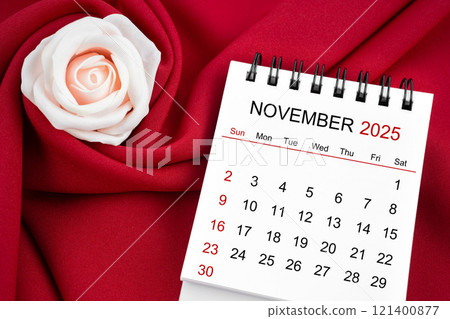 November 2025 desk calendar and pink rose on red textile. 121400877