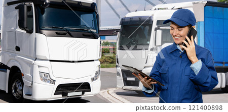Female manager with a digital tablet and smartphone on the background of vans. Fleet management 121400898