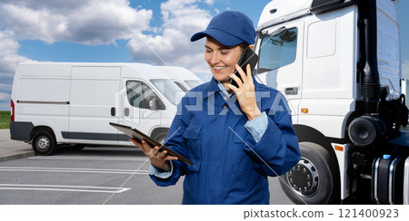 Semi trucks and delivery vans are parked in rows. Commercial fleet. Semi trucks and delivery vans are parked in rows. Commercial fleet. 121400923