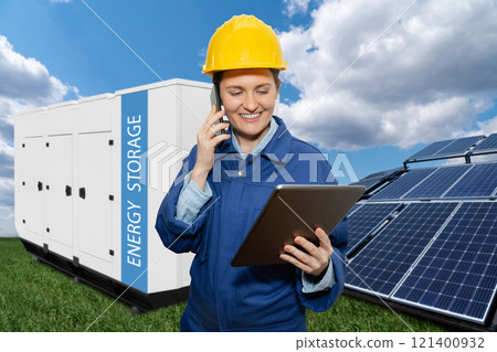 Engineer on a backround of solar panels with renewable energy storage. 121400932