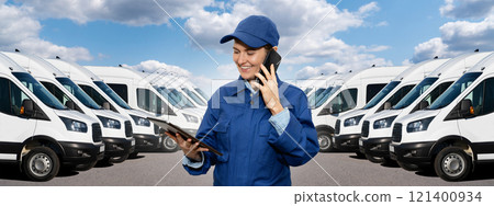 Female manager with a digital tablet and smartphone on the background of vans. Fleet management 121400934