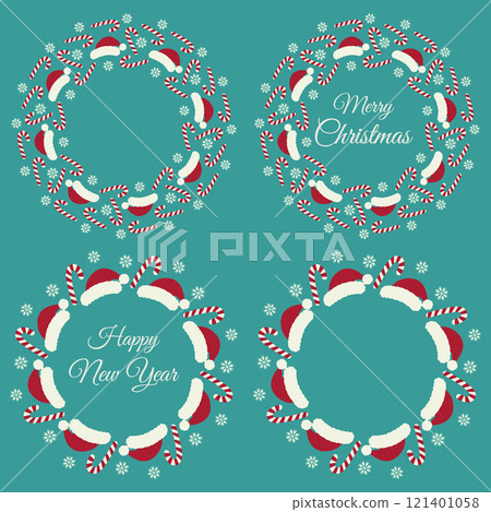 Santa caps, Candy cane, snowflakes and Merry Christmas, Happy New Year lettering Circle frames Set 4 121401058