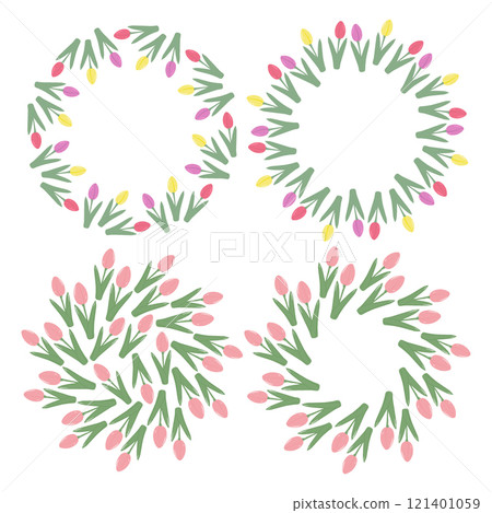 Hand drawn Colorful tulips Circle Frames and Round Background in trendy springtime shades. Set of 4 Hand drawn Colorful tulips Circle Frames and Round Background in trendy springtime shades. Set of 4 121401059