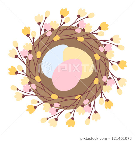 Colorful Easter Eggs in nest with blooming sprigs in trendy festive soft shades. Ester greeting idea Colorful Easter Eggs in nest with blooming sprigs in trendy festive soft shades. Ester greeting idea 121401073