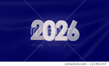 Happy New Year 2026. New modern 3d vector design. White silver 2026 with on dark blue textile background. Template for New Year banners, flyers, greeting cards Happy New Year 2026. New modern 3d vector design. White silver 2026 with on dark blue textile background. Template for New Year banners, flyers, greeting cards 121401247