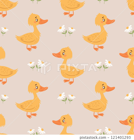 Seamless pattern with cute ducklings and daisies on a white background. Background for baby clothes. Print Seamless pattern with cute ducklings and daisies on a white background. Background for baby clothes. Print 121401293