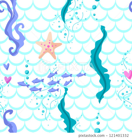 Pattern with sea creations. Underwater decorative fish and algae texture. Pattern with sea creations. Underwater decorative fish and algae texture. 121401332