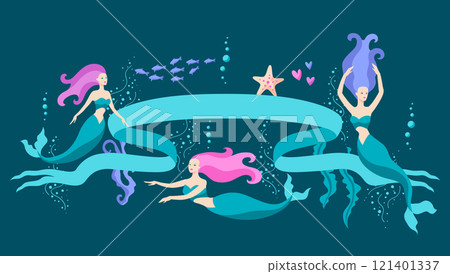 Background with mermaids. Image of underwater wonders or fabulous creations. 121401337