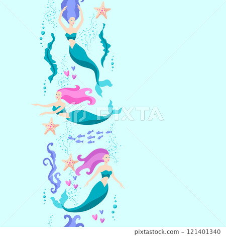 Seamless pattern with mermaids. Image of underwater wonders or fabulous creations. 121401340