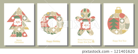 Christmas card templates. Christmas icons and elements in abstract modern geometric style. Set of winter cards and posters. Santa, Christmas ball, Christmas tree and Christmas sock in Bauhaus style. Christmas card templates. Christmas icons and elements in abstract modern geometric style. Set of winter cards and posters. Santa, Christmas ball, Christmas tree and Christmas sock in Bauhaus style. 121401620