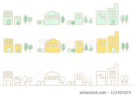 變形的房屋和樹木邊界 121401874