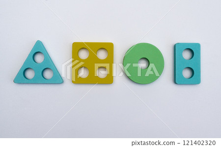 Four different geometric shapes - triangle, square, circle, rectangle. concept. on a white background. elements of a children's logic game 121402320