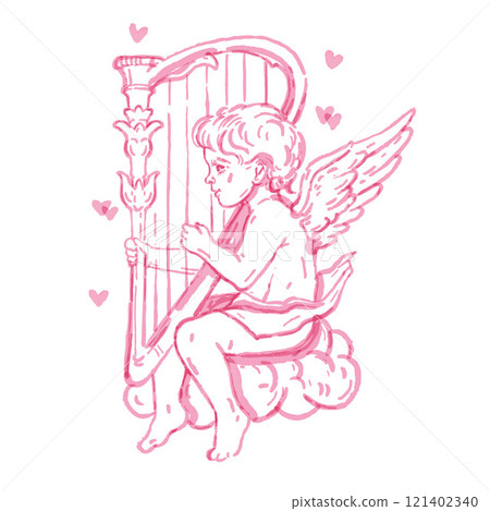 Valentine cupid hand drawn illustration, cherub watercolor doodle, cute vector pink baby angel cloud 121402340