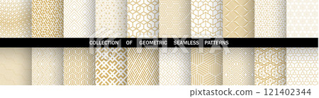 Geometric set of seamless golden and white patterns. Simple vector graphics Geometric set of seamless golden and white patterns. Simple vector graphics 121402344