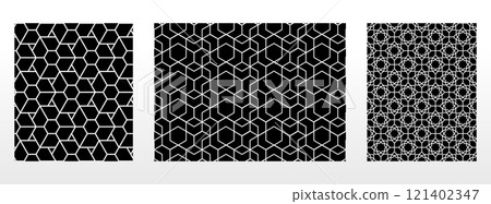 Geometric set of seamless black and white patterns. Simple vector graphics. 121402347