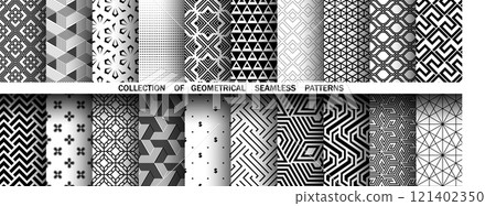 Geometric set of seamless black and white patterns. Simple vector graphics. 121402350