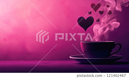 Cup of coffee with steam and hearts on pink purple background. Valentine's Day concept Cup of coffee with steam and hearts on pink purple background. Valentine's Day concept 121402467