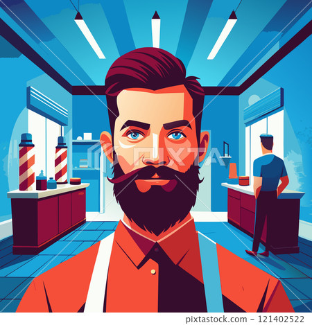 Professional Barber with Client in Vintage Style Salon 121402522