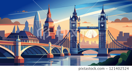 Iconic London Skyline with Tower Bridge at Sunset Scene 121402524