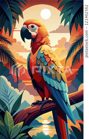 Colorful Macaw Perched on a Branch at Dusk 121402562