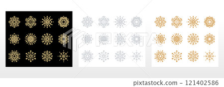 Snowflakes icon collection. Graphic modern black, golden and gray ornament 121402586
