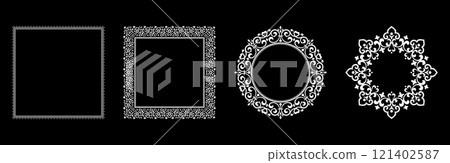 Set of decorative frames Elegant vector element for design in Eastern style, place for text. Floral black and white borders. Lace illustration for invitations and greeting cards. Set of decorative frames Elegant vector element for design in Eastern style, place for text. Floral black and white borders. Lace illustration for invitations and greeting cards. 121402587