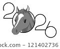 Monochrome illustration of a horse and the letter 2026 for a New Year's card for the Year of the Horse 121402736