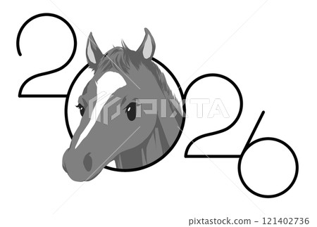 馬年新年賀卡的單色插圖,帶有馬和字母 2026 馬年新年賀卡的單色插圖,帶有馬和字母 2026 121402736