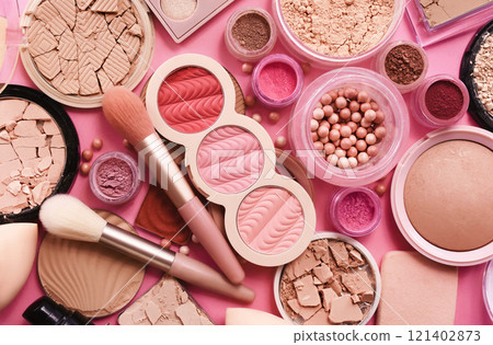 Varieties of blushes, blushers and rouges, beauty decorative cosmetics with brushes, selective focus Varieties of blushes, blushers and rouges, beauty decorative cosmetics with brushes, selective focus 121402873
