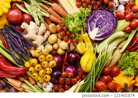 Fresh ripe colorful vegetables from market, summer or autumn farm harvest background, healthy diet vegetarian food, selective focus 121402874