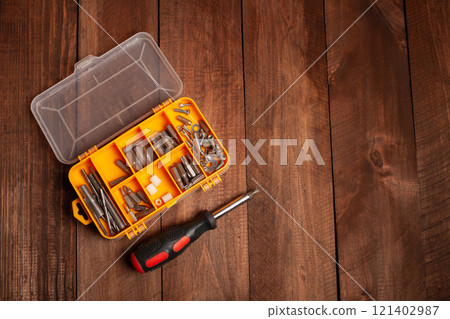 Organizer for storing nozzles for tools, building materials. Cells with drill nozzles 121402987