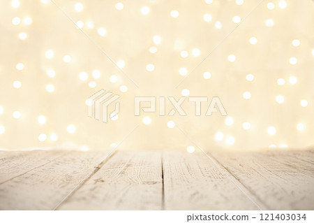 Christmas empty rustic wooden desk table over christmas blurred light bokeh. Christmas empty rustic wooden desk table over christmas blurred light bokeh. 121403034