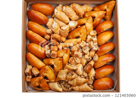 Boxing with food, cardboard box with snacks, home delivery. Catering. Gift for any holiday. Ready family dinner, party food. 121403060