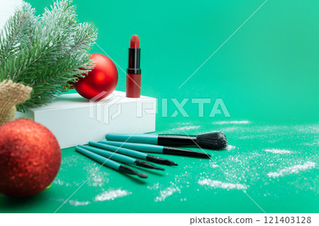 Christmas, New Year's background for make-up artist. brushes, Christmas decorations, spruce. Empty space for text. 121403128