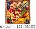Healthy food delivery. Take away of natural organic low carb. Eat right concept, fitness nutrition take away in boxes, cutlery and package, top view, flat lay Food delivery for the holiday 121403153