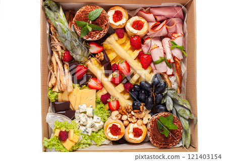 Healthy food delivery. Take away of natural organic low carb. Eat right concept, fitness nutrition take away in boxes, cutlery and package, top view, flat lay Food delivery for the holiday 121403154