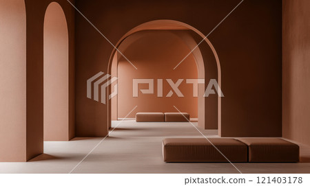 Modern minimalist interior design with arches and benches in orange tones 121403178