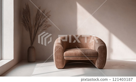 Modern armchair with pampas grass illuminating elegant living room 121403187