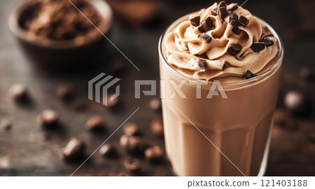 Delicious chocolate milkshake with whipped cream and chocolate chips 121403188