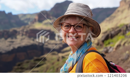 Senior tourist smiling and hiking in mountainous landscape 121403206