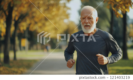 Senior man running in the park during autumn: embracing active lifestyle and healthy aging 121403219