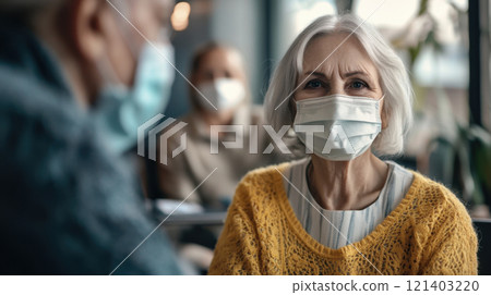 Senior woman wearing protective face mask talking with people at the cafe 121403220